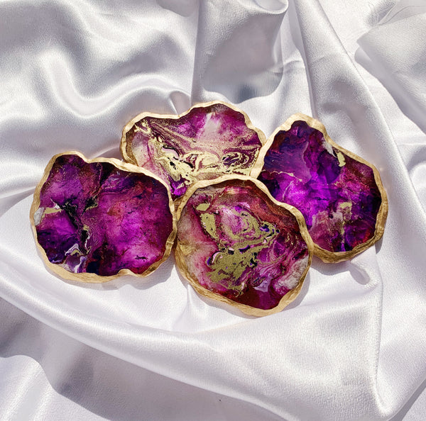 Purple Faux Agate Resin Coaster with Gold Gilded Edge - Set of 2