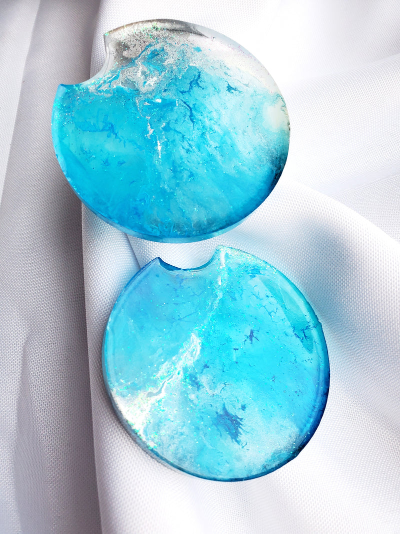 Turquose blue faux stone resin coaster for car cup holder.