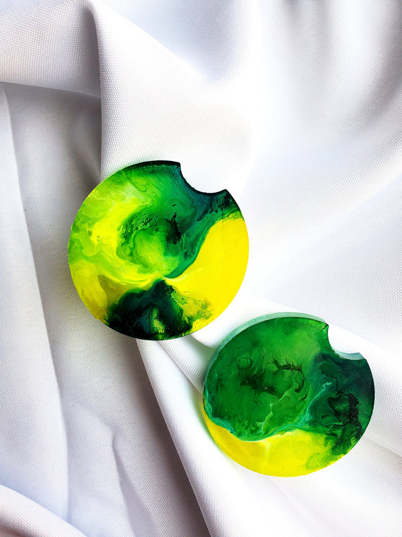 Handmade Green and Yellow Faux Agate Resin Car Cupholder Coaster