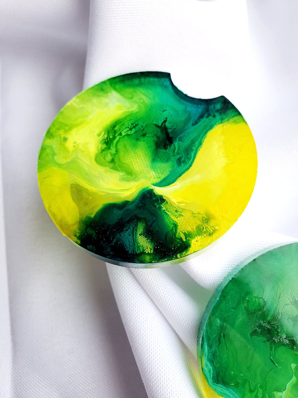 Handmade Green and Yellow Faux Agate Resin Car Cupholder Coaster