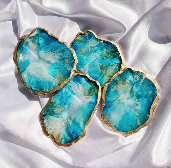 Handmade Teal Marble Resin Coaster with hand painted Gold Gilding Paint