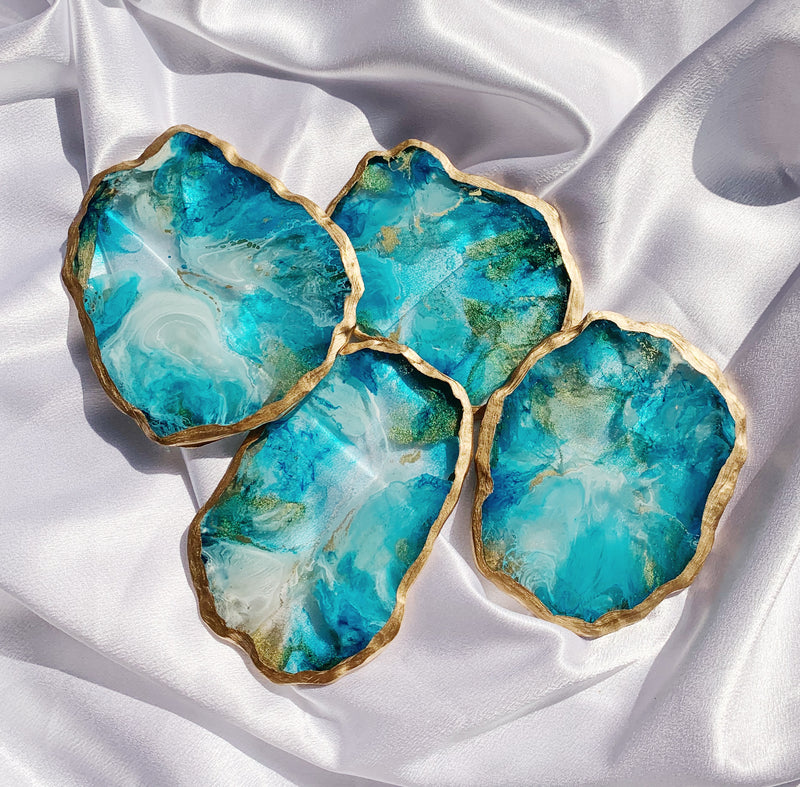 Handmade Teal Marble Resin Coaster with hand painted Gold Gilding Paint