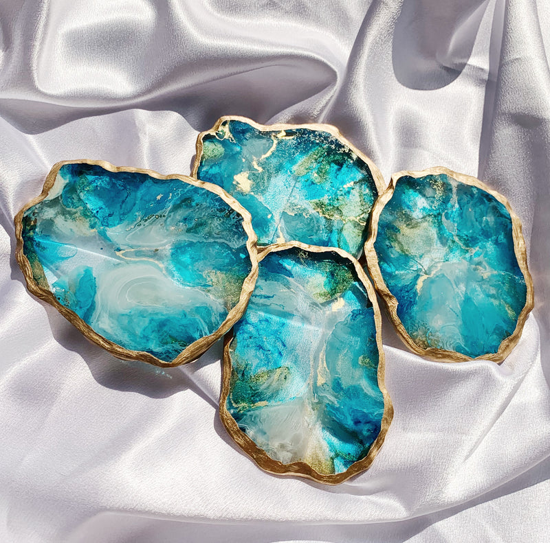 Handmade Teal Marble Resin Coaster with hand painted Gold Gilding Paint