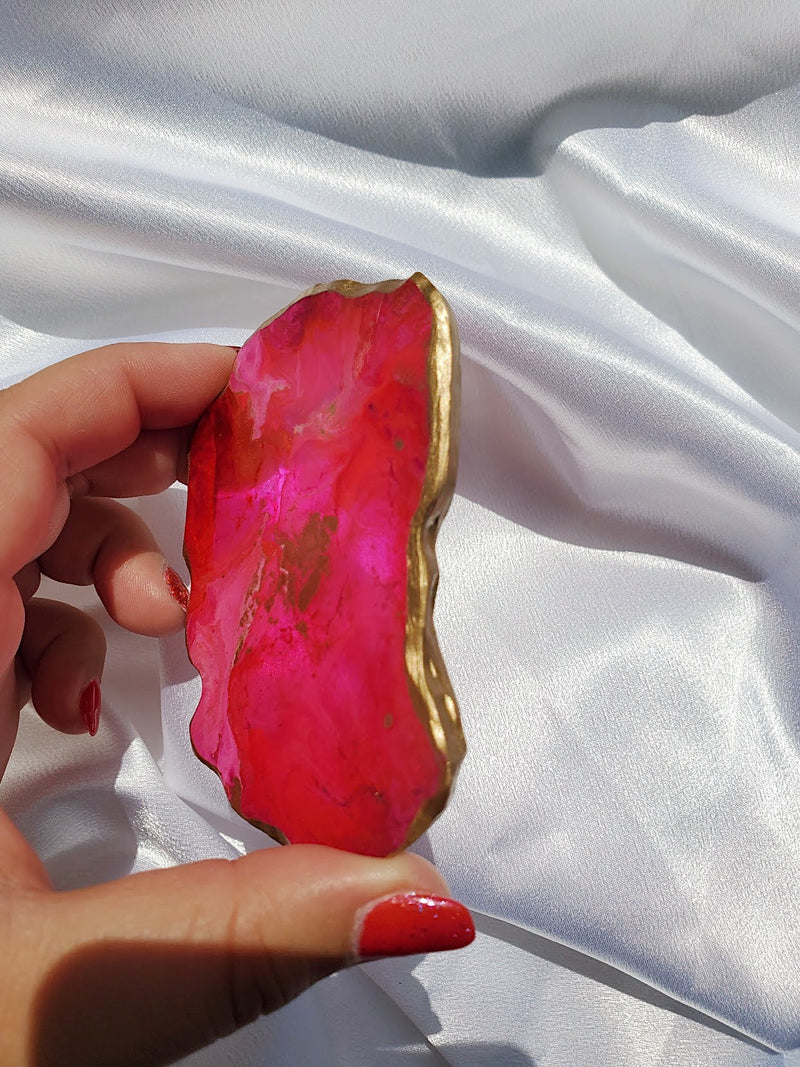 Pink Faux Agate Resin Coaster with Gold Gilded Edge - Set of 2