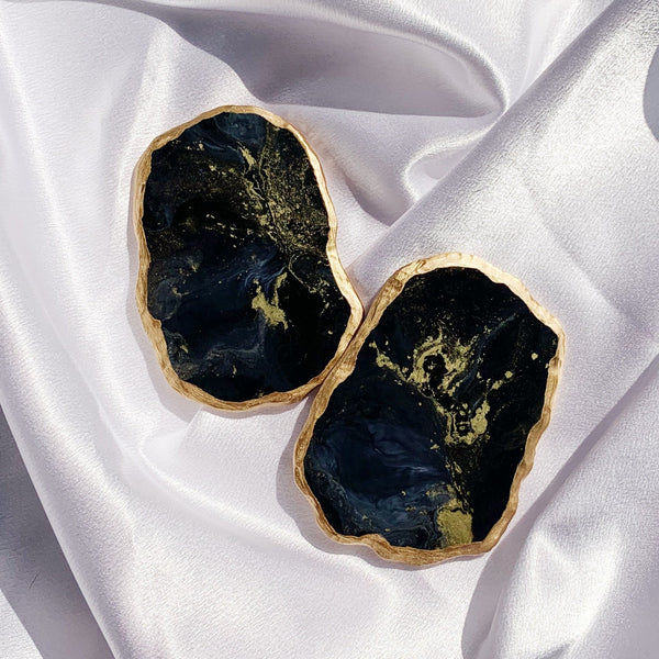 Handmade Black Marble Resin Coaster with hand painted Gold Gilding Paint