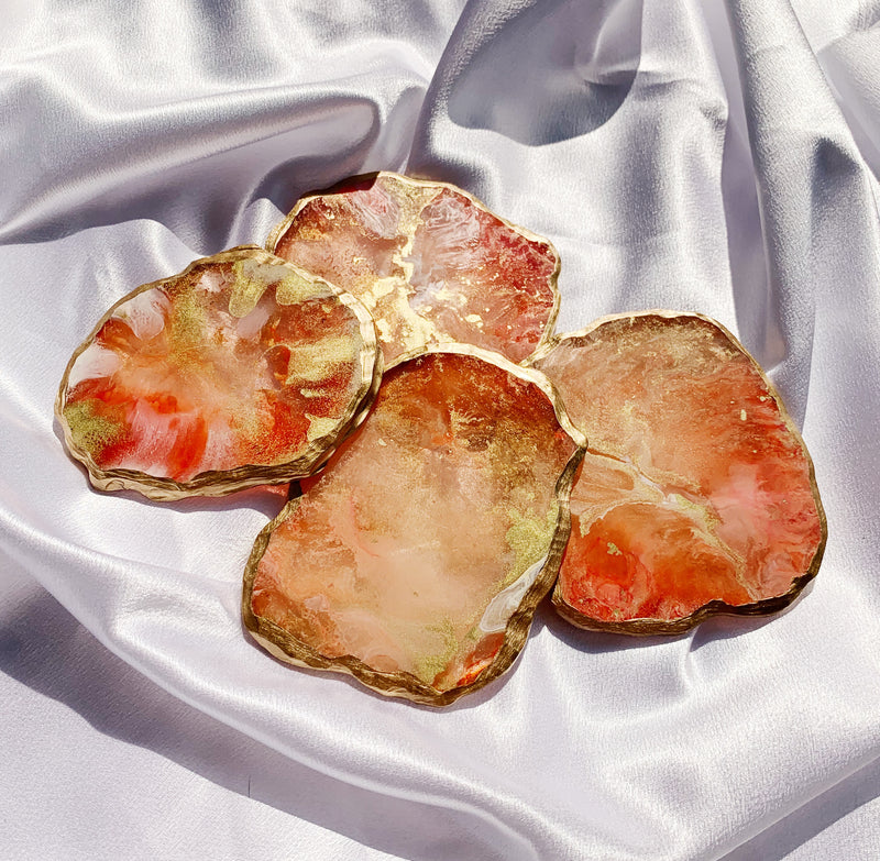 Handmade Coral Marble Resin Coaster with hand painted Gold Gilding Paint
