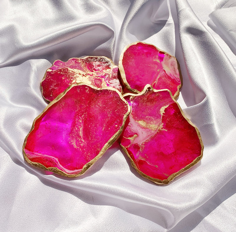 Pink Faux Agate Resin Coaster with Gold Gilded Edge - Set of 2