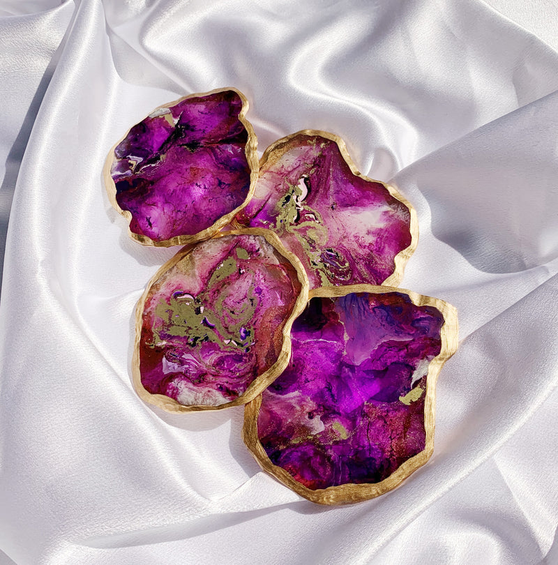 Purple Faux Agate Resin Coaster with Gold Gilded Edge - Set of 2