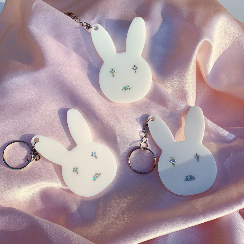 Bad Bunny Rhinestone Resin Keychain - White