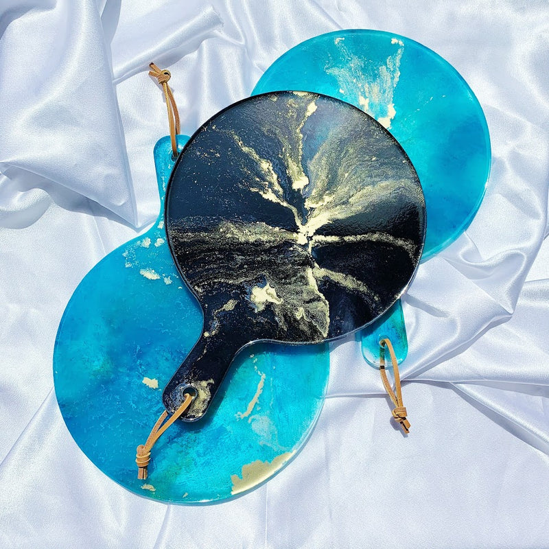 Round Faux Agate Resin Cutting Board | Teal + Black with Gold