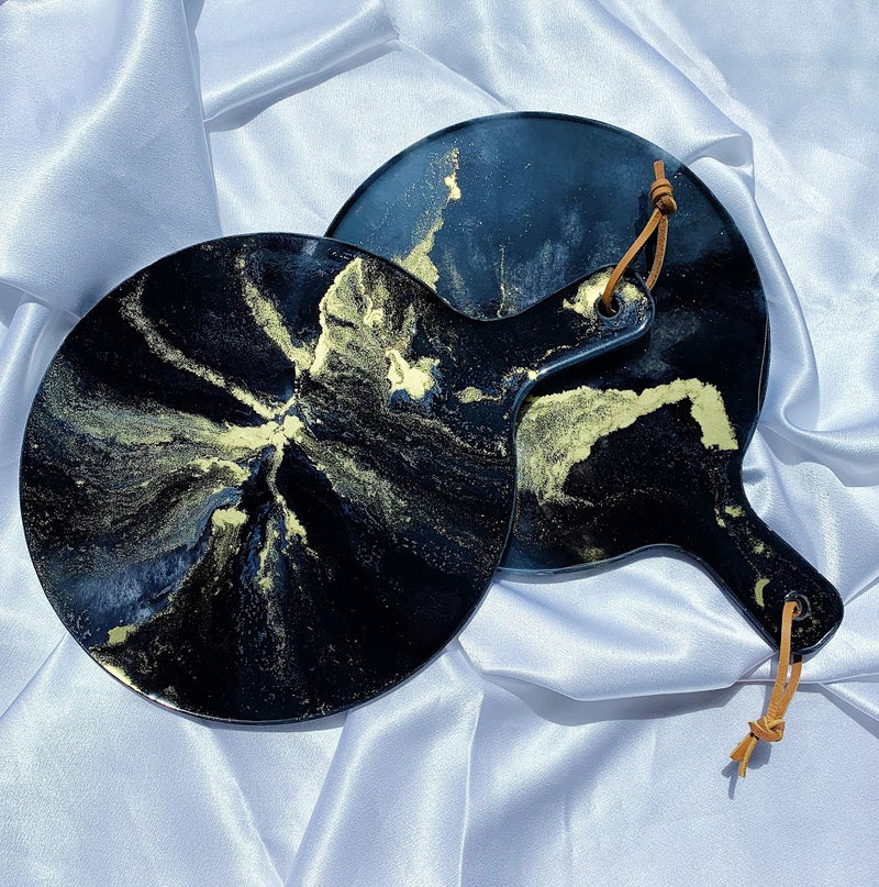 Round Faux Agate Resin Cutting Board | Teal + Black with Gold