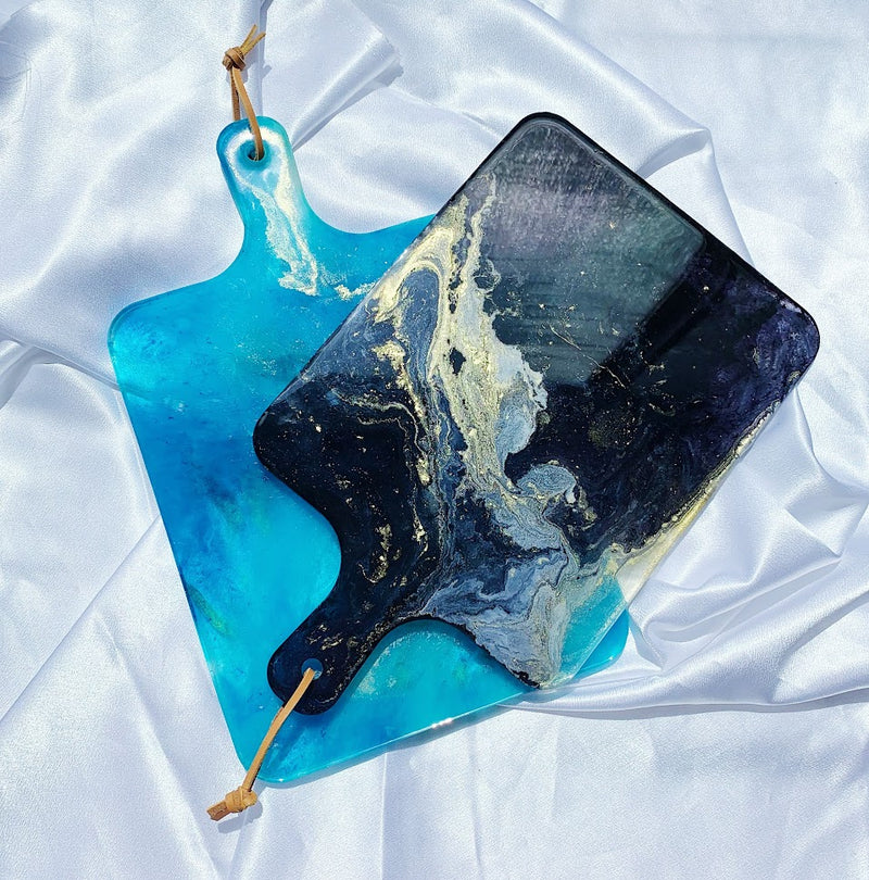 Rectangle Faux Agate Resin Cutting Board | Teal + Black with Gold