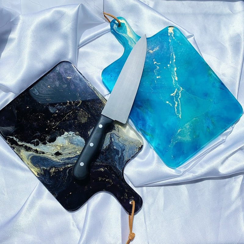 Rectangle Faux Agate Resin Cutting Board | Teal + Black with Gold