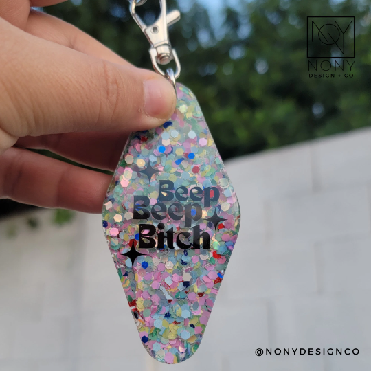 Personalized Retro Keychain | Midcentury Hotel Key Tag | Beep Beep Bitch | Bad Driver | Embrace the Chaos | Tired Moms Club | Good Vibes